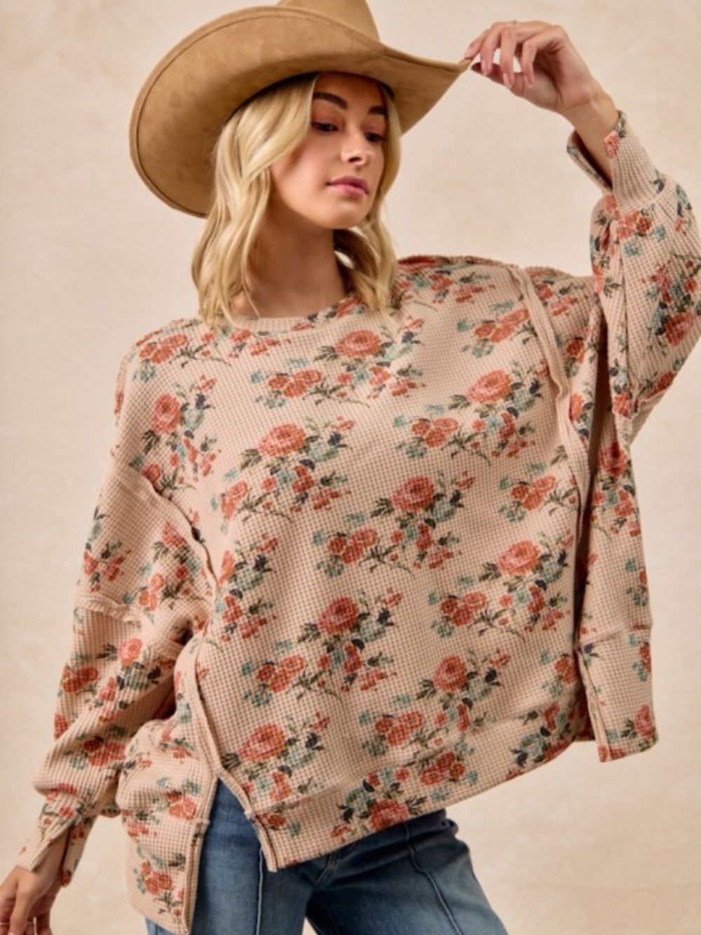 BIBI NWT Floral Waffle Knit Pullover Top Boho Cottagecore IT3426G - Picture 2 of 8